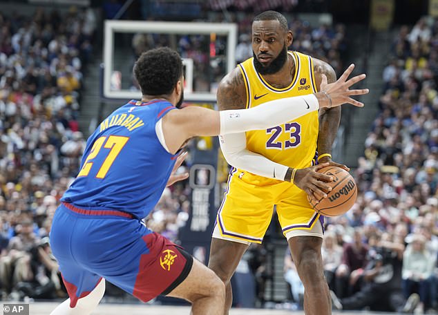 James competed against the Nuggets in the classic gold and purple Lakers uniform