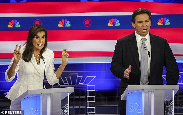 “We already have a pro-China liberal in the White House.  We don't need another one in Nikki Haley,” DeSantis spokeswoman Carly Atchison told DailyMail.com.  Pictured: Haley and DeSantis speaking over each other during the third Republican presidential primary debate in Miami, Florida