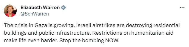 Shortly after the interaction, Warren tweeted her demand for an Israeli ceasefire