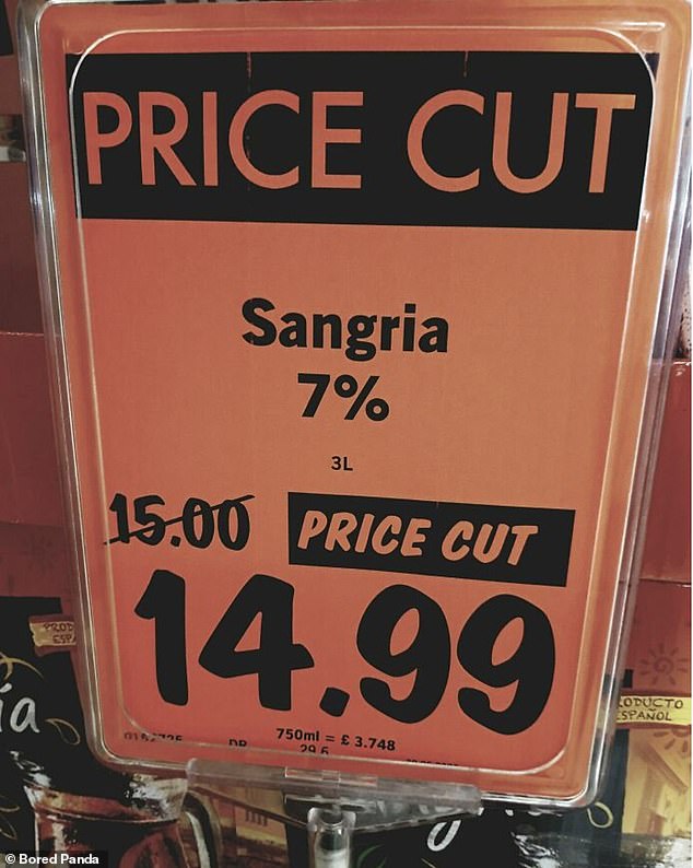 Bargain!  A store in the UK advertised a 'price reduction' on their Sangria, going from £15 to £14.99