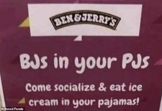 Juicy!  Elsewhere, a community activity poster in the US advertised 'BJ's in your PJs' - giving a slightly different meaning to Ben and Jerry's in your pajamas