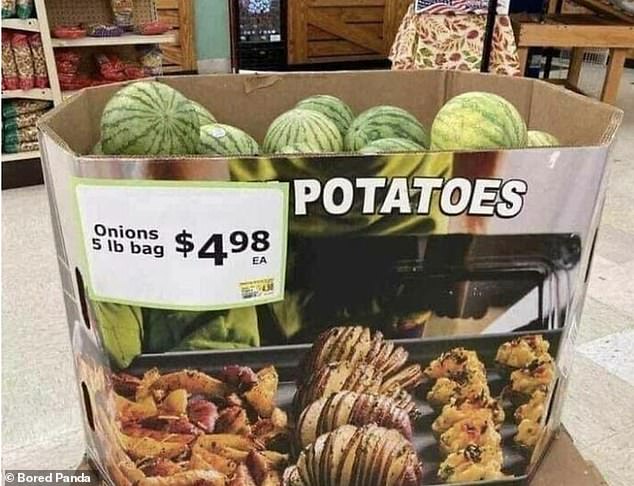 False advertising!  There appears to be some confusion at this US supermarket, where watermelons are sold from a box advertising potatoes