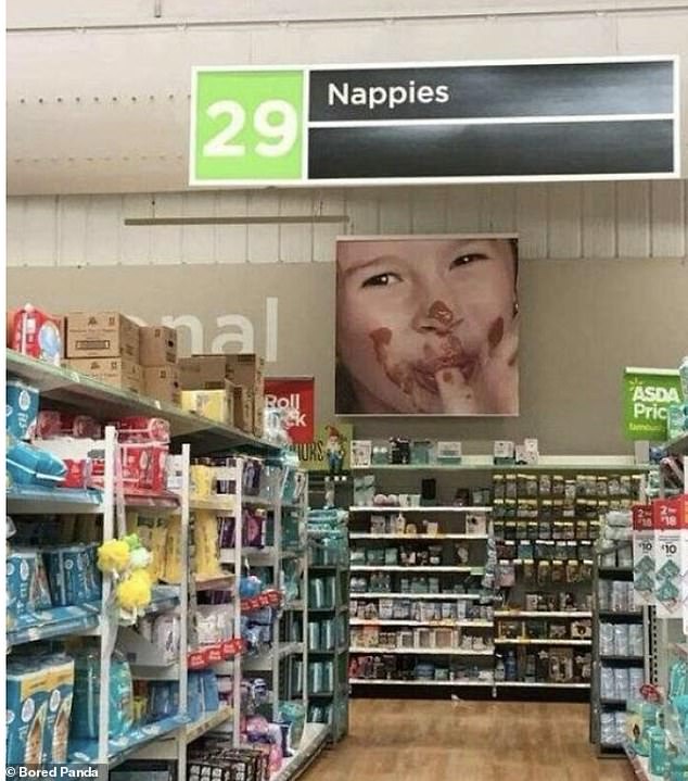 Yes!  This branch of Asda in the UK has posted a photo of a child whose face is covered in chocolate while nappies are filled - which could lead to an unfortunate mix-up