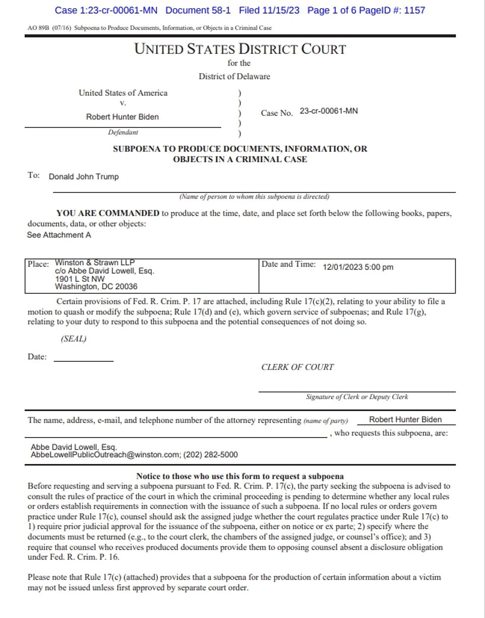 He has acknowledged that he was struggling with addiction at the time.  On Wednesday, his legal team filed papers in Delaware federal court requesting subpoenas for Trump, his attorney general Bill Barr and two other former senior Justice Department figures, Richard Donoghue and Jeffrey Rosen.