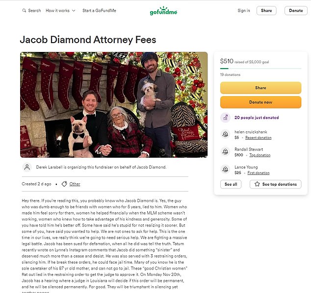 A GoFundMe page has been set up to help pay for Diamond's attorney fees, which has so far raised just $510 of its $5,000 goal