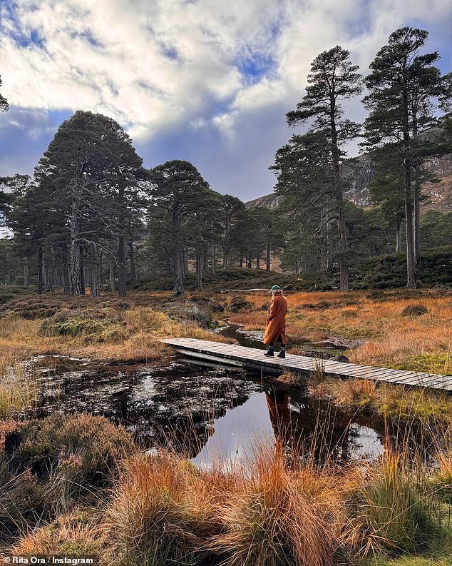 Getting out: In another photo, she walked along a forest path as white water flowed past her