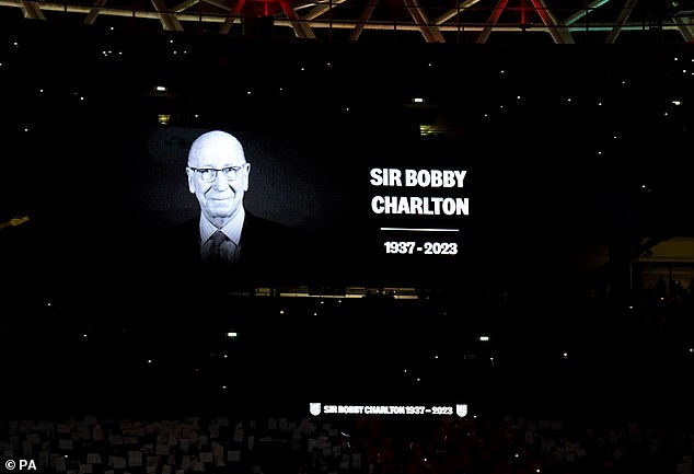 Sir Bobby's name was proudly displayed on the screen as Wembley entered darkness