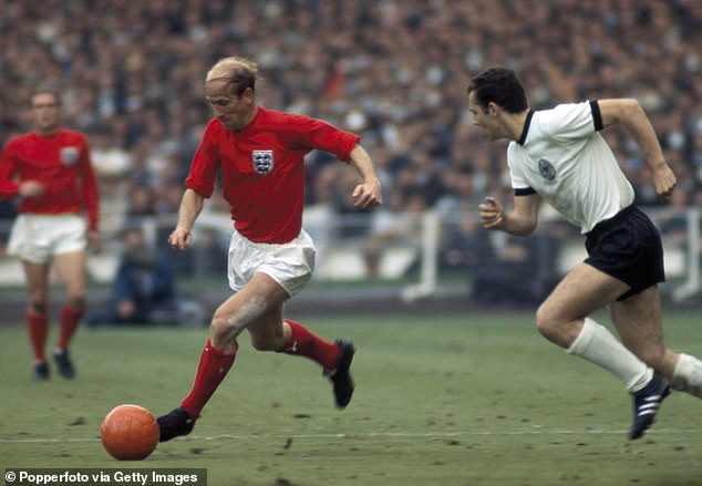 Sir Bobby (left) has scored 49 goals and 106 caps for his country and is England's third highest scorer