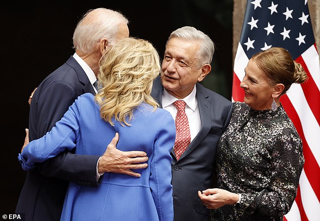 Biden, US First Lady Jill Biden, President of Mexico Andres Manuel Lopez Obrador and his wife Beatriz Gutierrez Muller embrace at the National Palace in Mexico City, Mexico, January 9, 2023