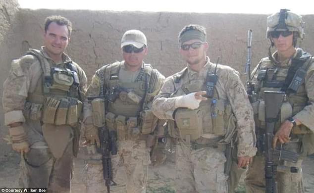 Bee (pictured second from right) was shot multiple times and survived several close calls with the Taliban during his military career