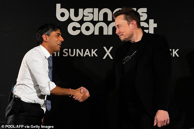 Prime Minister Rishi Sunak (left) shakes hands with X (formerly Twitter) CEO Elon Musk after a discussion event in London on November 2 following the UK AI Safety Summit