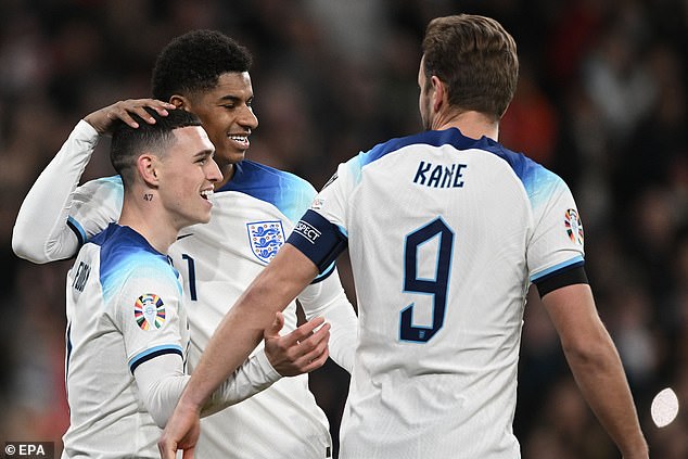 Phil Foden (left) was the brightest star in England's front three and had both goals