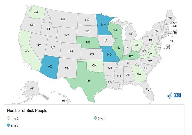 The above maps show where at least 43 people from 15 states have been diagnosed with salmonella after consuming melons