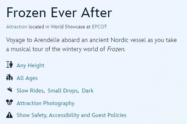 Meredith insisted the baby was safe and that she followed all Disney rules.  On its website, it confirms that Frozen Ever After has no height requirements and is for 