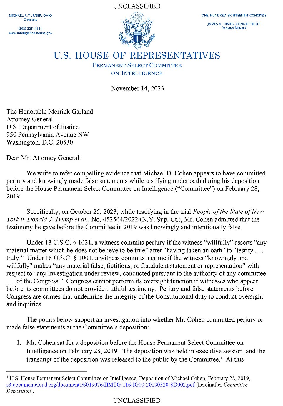 “That Mr. Cohen was willing to openly and brazenly state at trial that he lied to Congress on this specific issue is startling.  His willingness alone to make such a statement would necessitate an investigation.”  DOJ confirmed receipt of the letter to DailyMail.com on Tuesday, but provided no further comment.  In 2018, Cohen pleaded guilty to eight criminal charges, including five counts of tax evasion and bank fraud.  He was sentenced to three years in prison and a $50,000 fine.