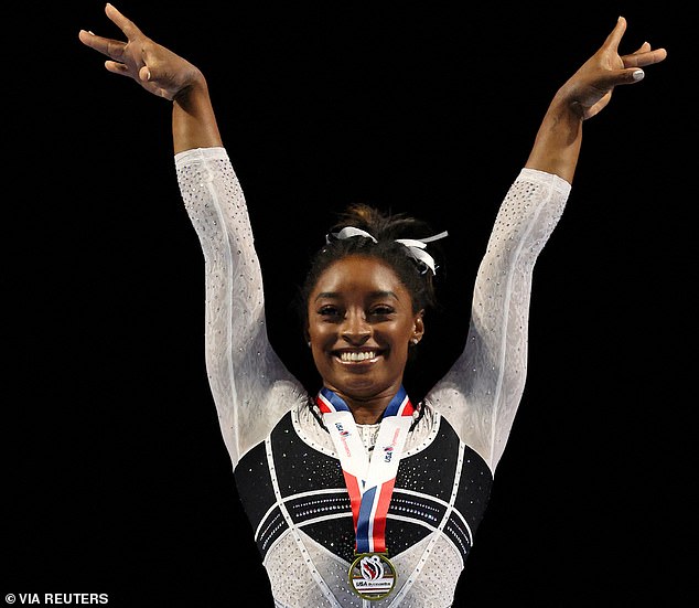 The athlete returned to gymnastics in August (seen) - after a two-year break from the sport after suffering from mental health issues and withdrawing from the 2020 Games