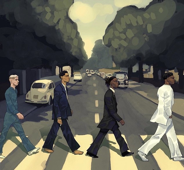 Bellingham created a version of The Beatles' famous Abbey Road photo for Real Madrid's midfield.  (L-R: Fede Valverde, Bellingham, Eduardo Camavinga and Aurelien Tchouameni)
