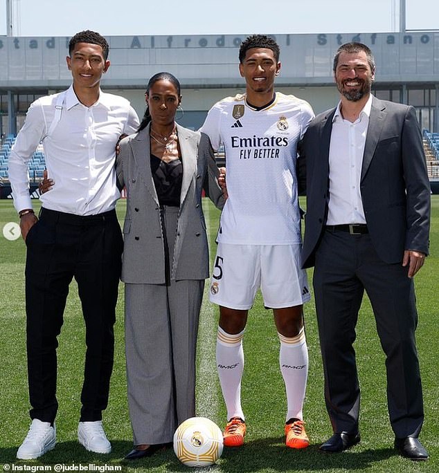 Bellingham lives in Spain with his mother Denise, while his father (far right) remains in England to help Real Madrid star's younger brother Jobe (left), who plays for Sunderland