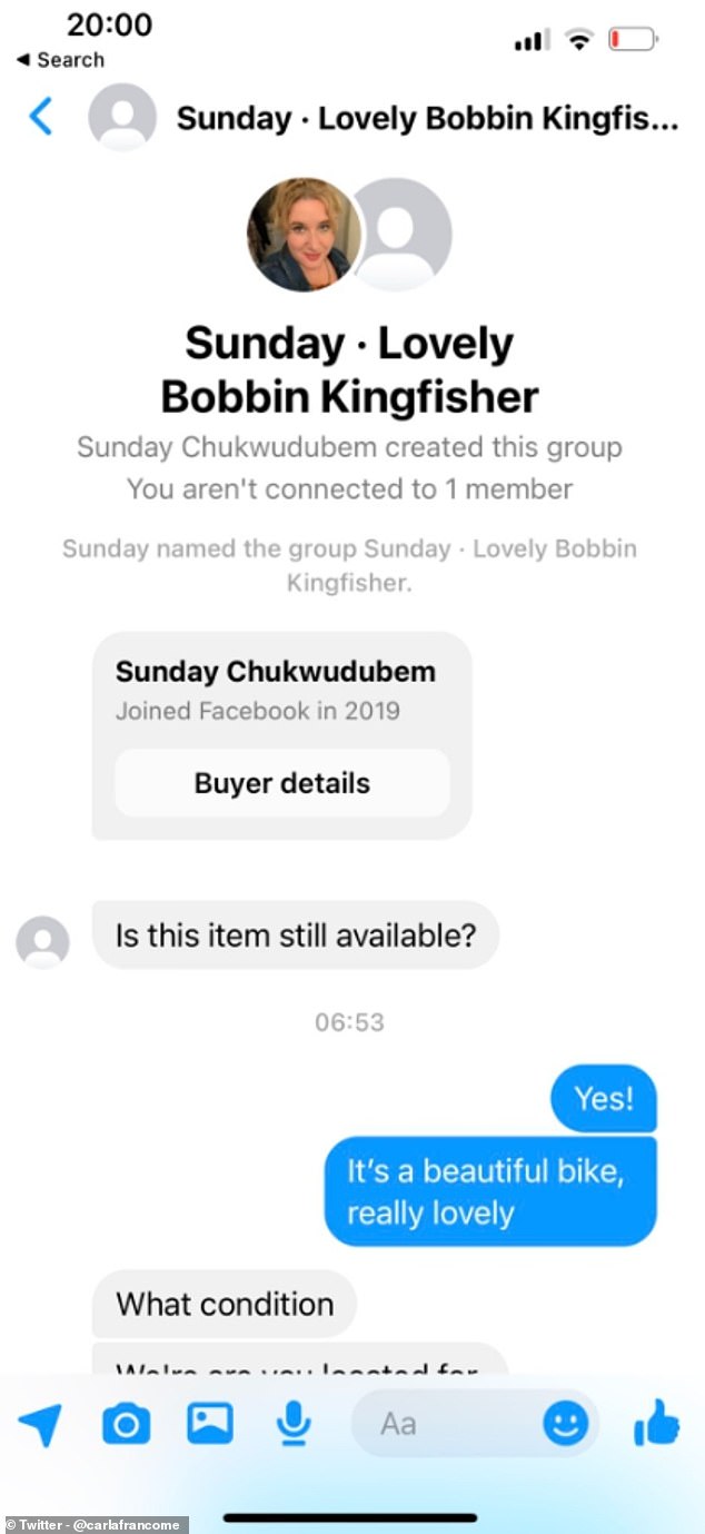 An apparently genuine shopper named Sunday Chukwudubem on the platform asked about the availability and condition of the bike, to which Carla responded with honest specifications