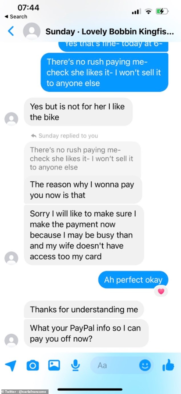 However, the polite exchange quickly turned tense as the buyer insisted on paying for the bike without personally inspecting it