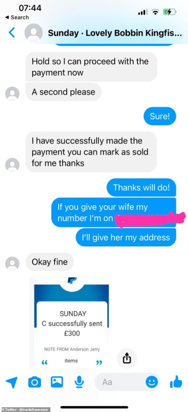 Carla then gave the buyer her email address and PayPal username, to which Sunday responded the next morning, claiming he had paid the money, and asking her if she had received the money.