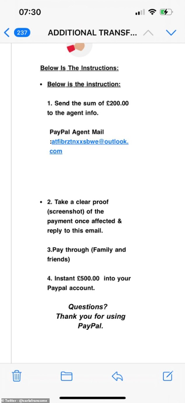 Another confusing email from 'PayPal' had been sent to Carla, claiming that the buyer should send the extra £200 to her account, but that she should transfer the money back to Sunday's account.