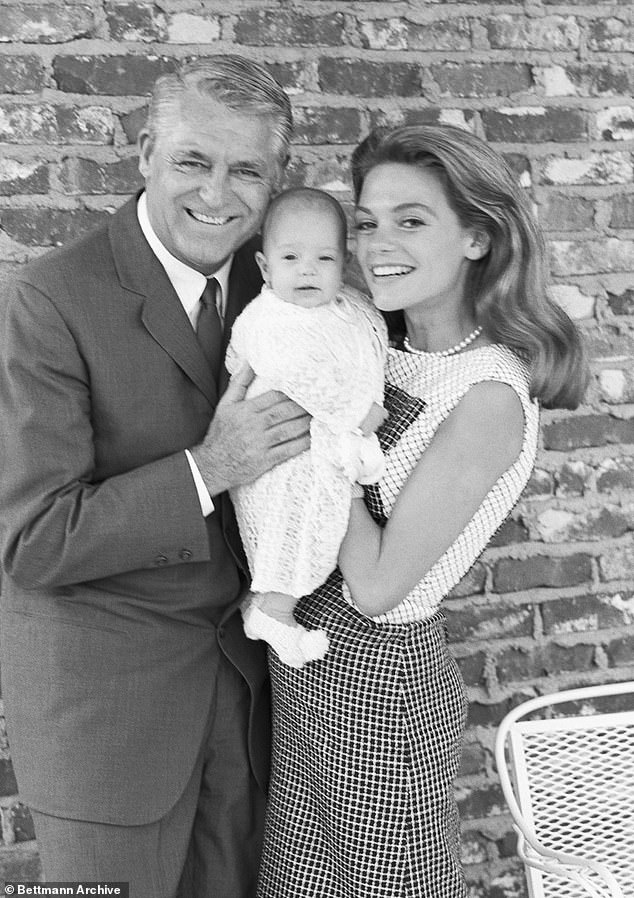 Cary Grant, wife Dyan Cannon, and their daughter Jennifer, three months old, moments before boarding the SS Oriana en route to England to visit Grant's mother