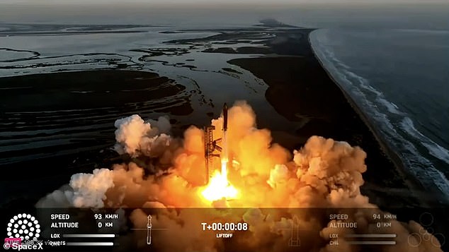 A grab showing the spacecraft and booster taking off from SpaceX's Starbase location on the Gulf of Mexico near Boca Chica