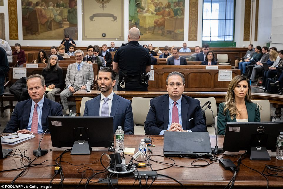 James is attending the hearings and faced Don Jr. on Monday.  photographed in court.  Don Jr.  was the first person questioned by the lawyers representing himself, his brother and his father – as well as other defendants.