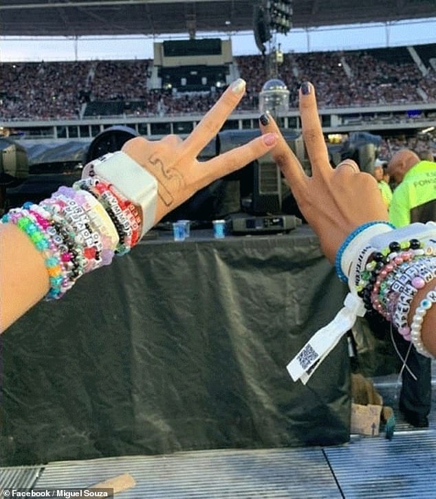 A series of undated photos show Benevides at a stadium for a Swift concert