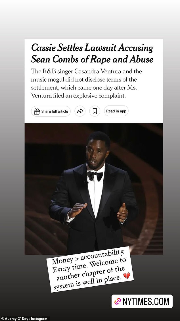 Buying them off: In her Instagram Stories, O'Day shared a screenshot of an article about Diddy, 54, in which she settled the lawsuit while complaining about the influence of money on the 'system'