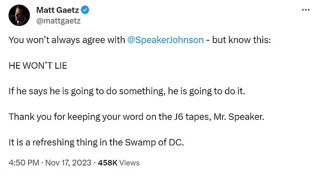 1700339263 608 Matt Gaetz praises Speaker Mike Johnson for releasing 44000 hours