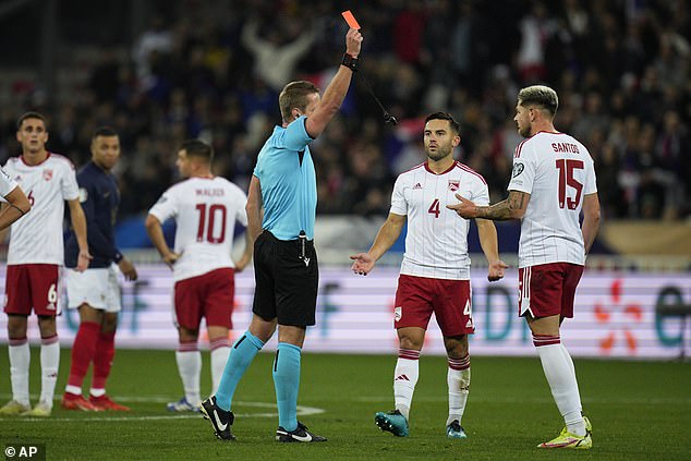 Things go from bad to worse for Gibraltar when Ethan Santos receives a red card in the first half