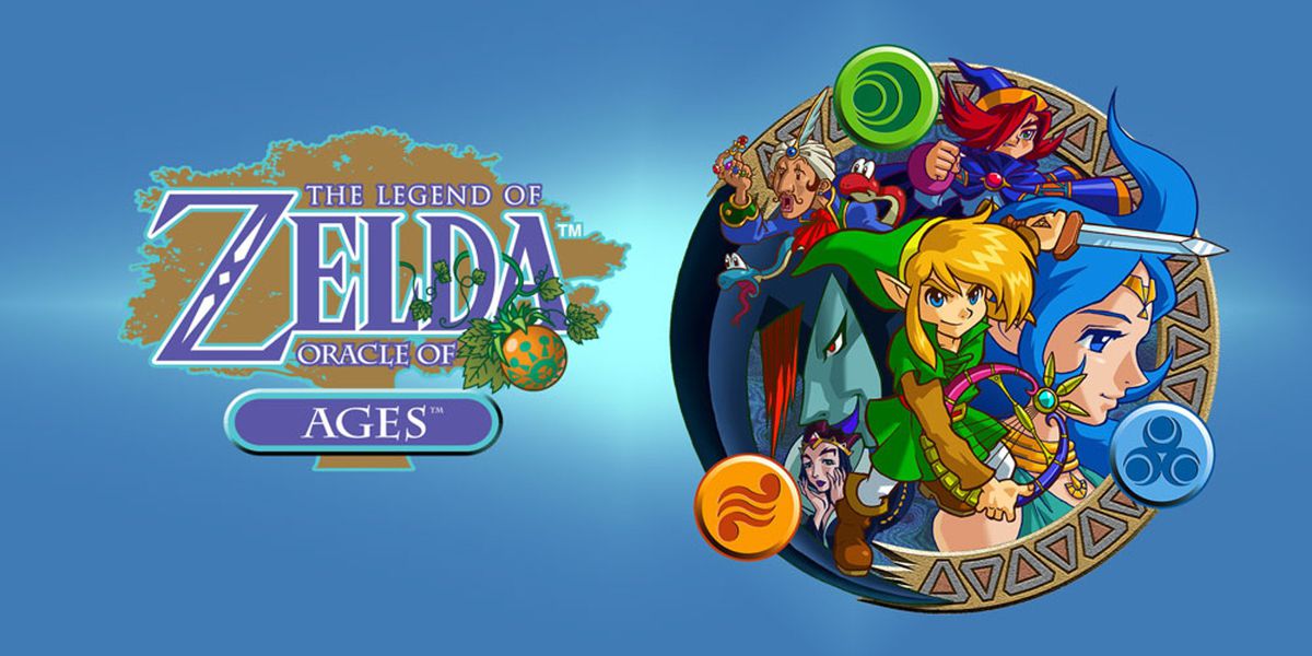 Nintendo promo art for The Legend of Zelda: Oracle of Ages, showing Link holding a harp with other characters in the background