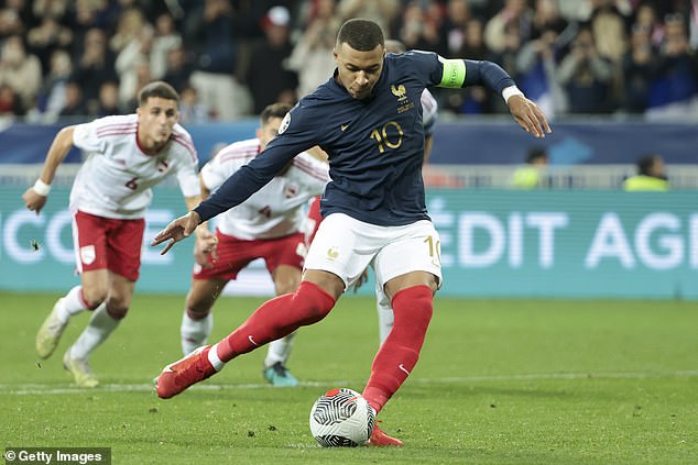 The PSG striker scored France's fourth goal of the evening from the penalty spot in a record victory