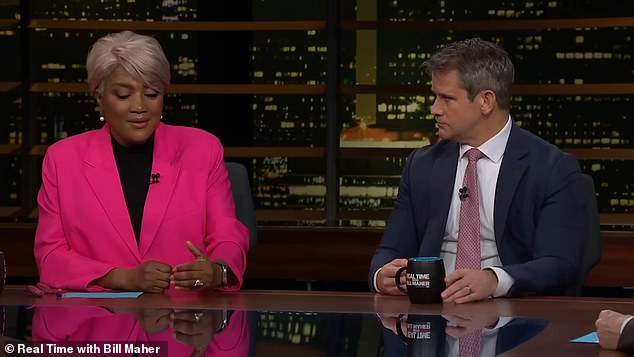 Donna Brazile (left) and Adam Kinzinger (right) were guests on Maher's show on Friday.  The pair discussed Biden's age and current opinion polls