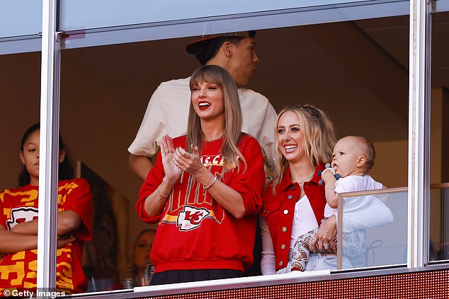 Swift and Brittany Mahomes watch during a recent Chiefs-Chargers game in Arrowhead