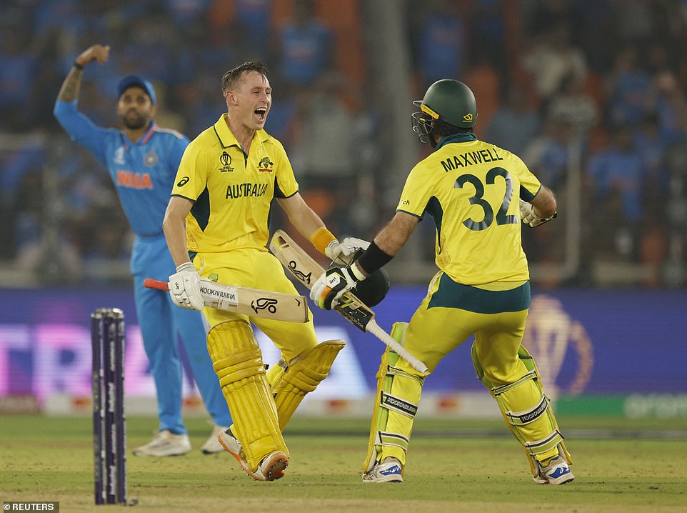 Marnus Labuschagne (left) and Glenn Maxwell (right) stood in the middle and hit the winning runs