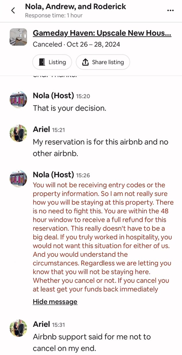 The host asked Ariel to cancel her reservation so they could book someone else and made it clear that the Swiftie would not receive access codes to the property