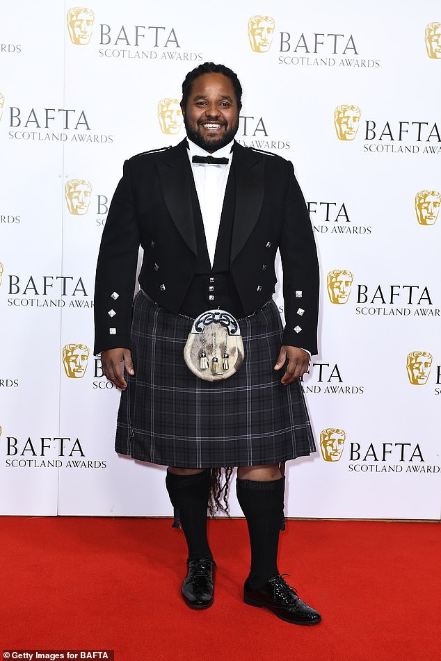 Radiant: Strictly Come Dancing's Hamza Yassin, 33, wore a kilt to the Scottish BAFTA Awards