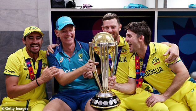 McDonald (pictured second from left, celebrating with Mitchell Starc, Josh Hazlewood and Mitchell Marsh) was so torn over whether to play the injured star that he couldn't sleep at night.