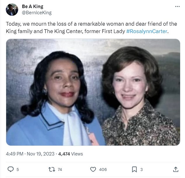 Bernice King, the daughter of Martin Luther King Jr., paid tribute to the former First Lady