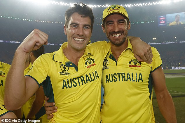 Cummins and fellow fast bowler Mitchell Starc (pictured together) were instrumental in the victory as Australia restricted the hosts to just 240 all out