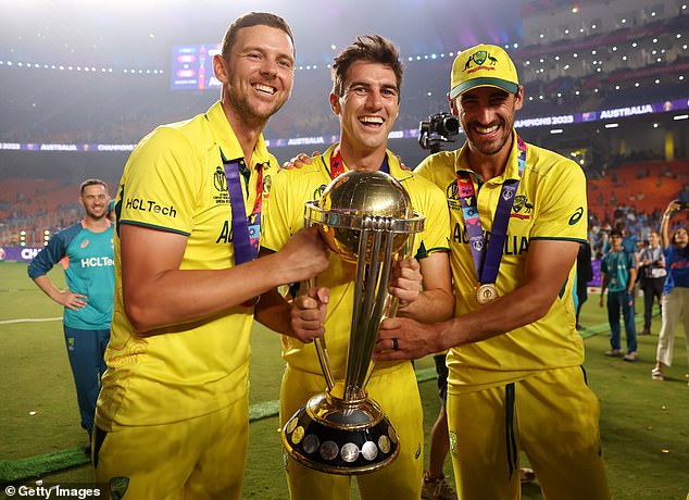 The Test and one-day skipper (pictured centre, celebrating with Josh Hazlewood, left, and Mitchell Starc, right) recorded one of the biggest wins of his career in Ahmedabad