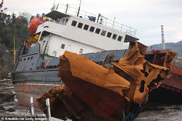 A view of the stranded cargo ship that drifted due to the storm in the Eregli district of Zonguldak, Turkey on Monday