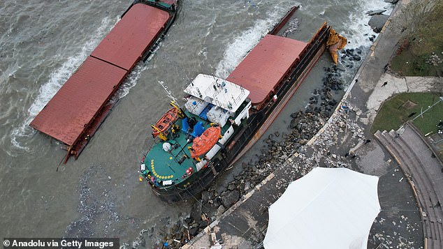 The Cameroon-flagged Pallada broke in two after running aground amid 16-foot waves at Eregli, a coastal town east of Istanbul (pictured)