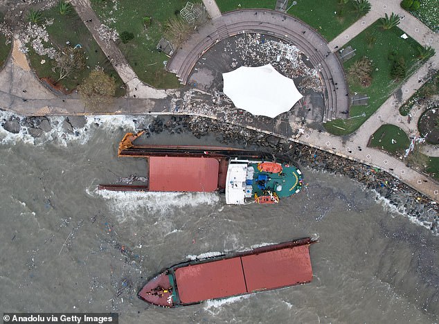 An aerial view of the stranded cargo ship that drifted due to the storm in the Eregli district of Zonguldak, Turkey on Monday