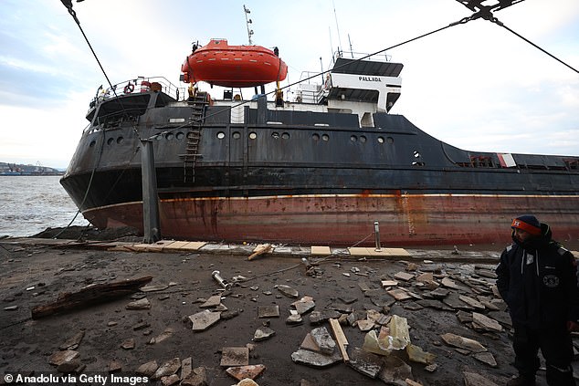 A view of the stranded cargo ship Pallada that drifted due to the storm in the Eregli district of Zonguldak