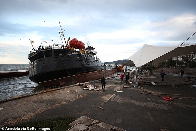 A view of the stranded cargo ship Pallada that drifted due to the storm in the Eregli district of Zonguldak