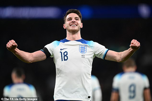 Arsenal's Declan Rice (pictured) starts alongside Alexander-Arnold and Foden in midfield